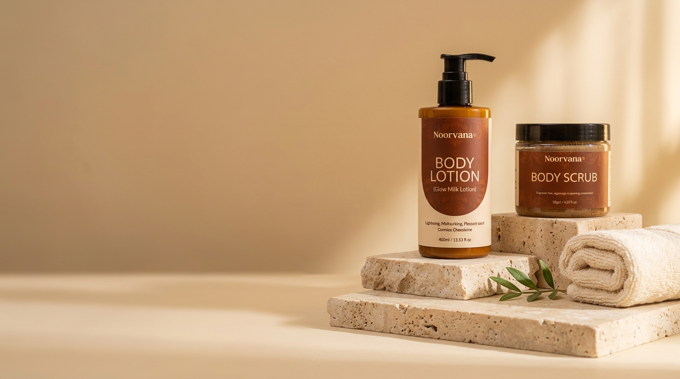 Noorvana body lotion and body scrub on travertine with a folded towel