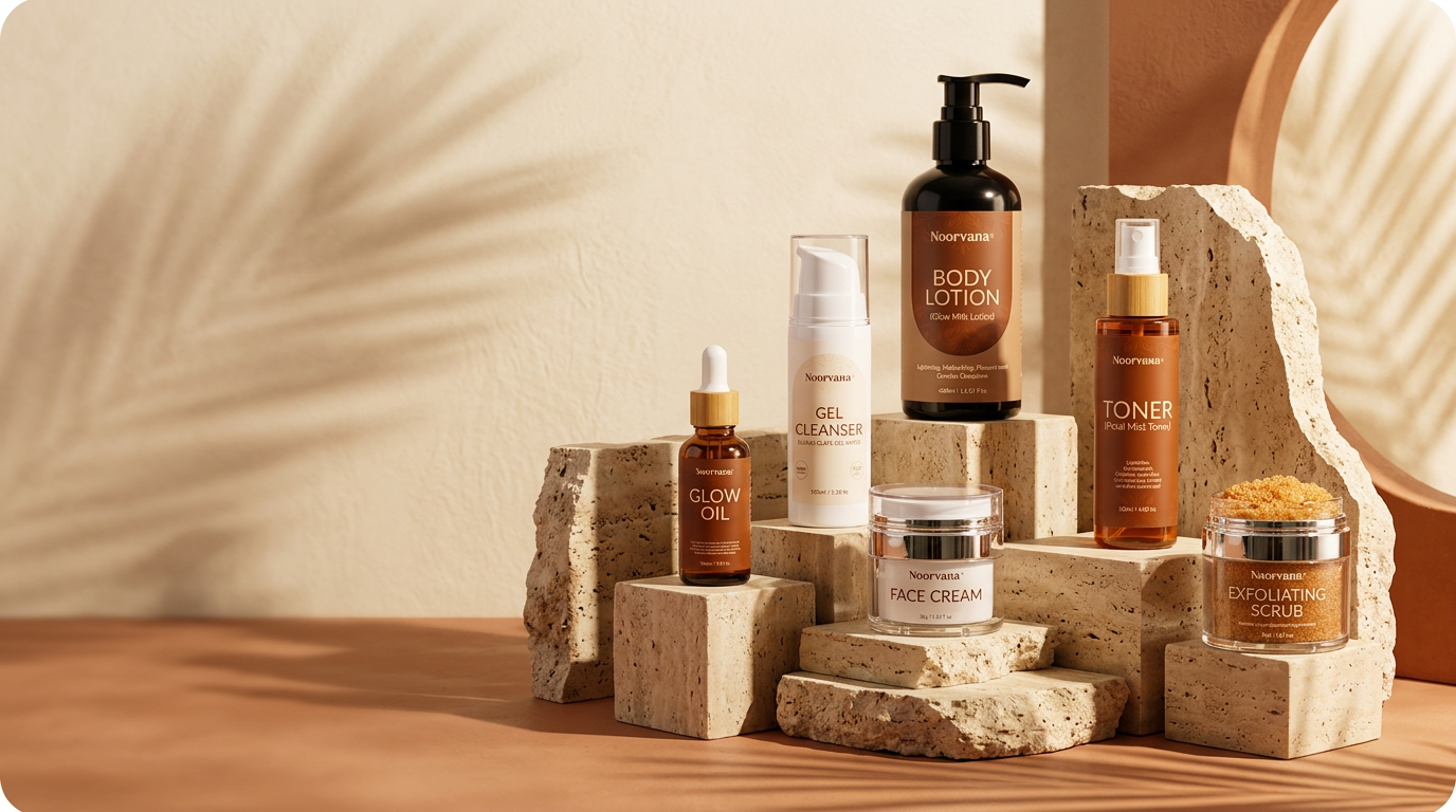 A complete Noorvana skincare routine arranged on warm travertine blocks