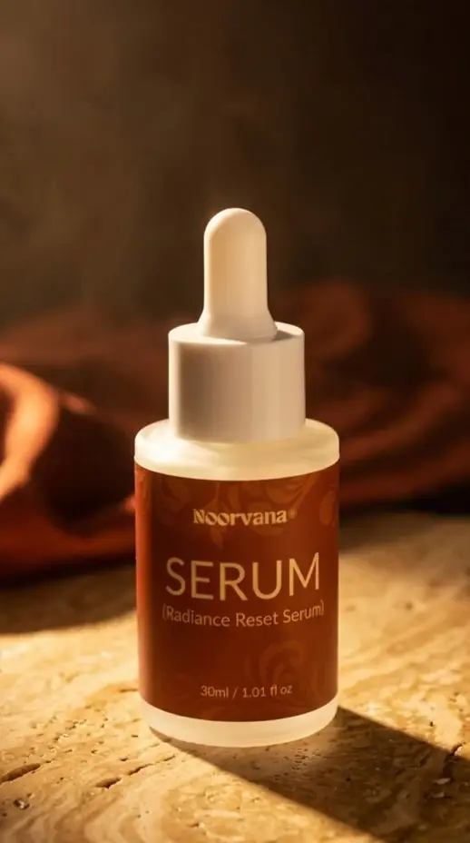 Noorvana Radiance Reset Serum resting on a warm travertine surface